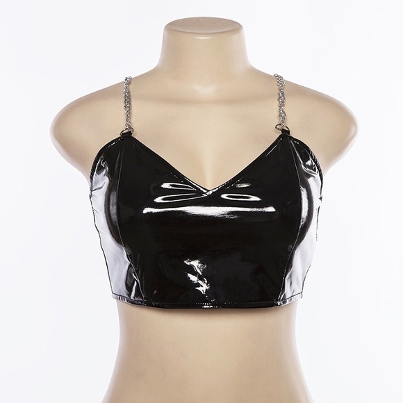 Women V-Neck PU Leather Metal Chain Strap Crop Top - Picture 2 of 6